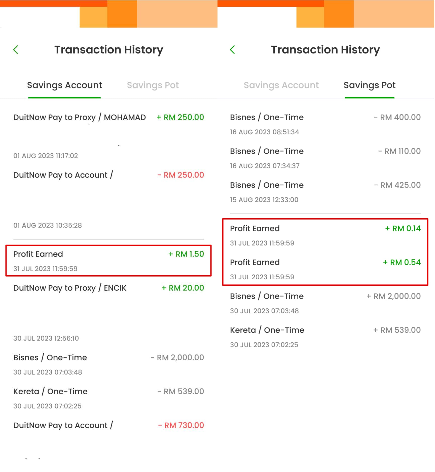 Contoh Profit Earned melalui aplikasi Rize Malaysia oleh Al-Rajhi Bank.